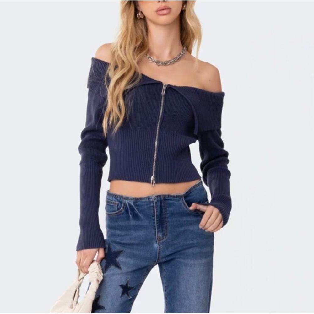 Edikted Fold Over Off Shoulder Double Zip Knit Top Size XS/S